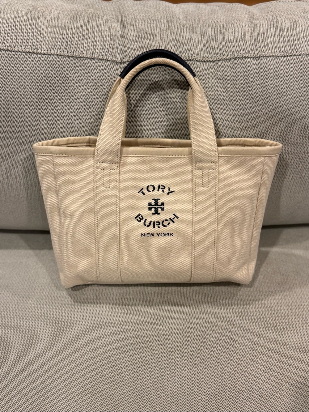 Tory Burch Mini Beige Canvas Tote with Navy Trim